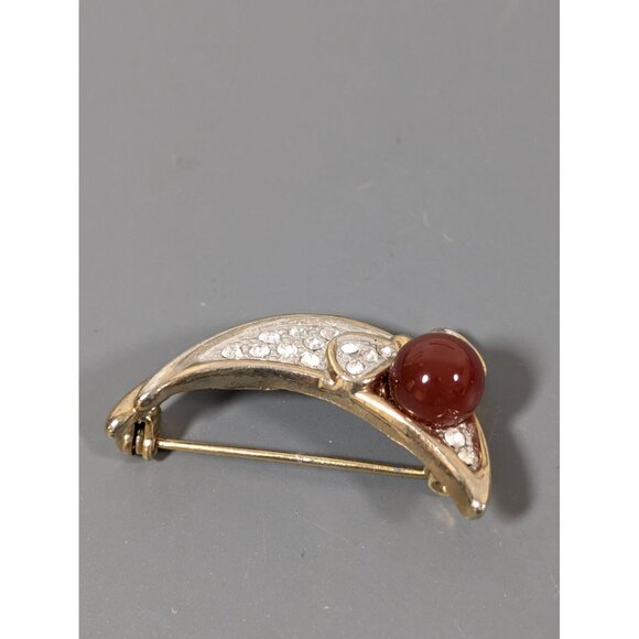 Vintage Red Glass Rhinestone Pave Crescent Moon Bow Brooch Pin - Picture 3 of 6